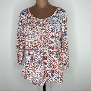 Ralph Lauren Red and White 3/4 Sleeve Tie Front Blouse